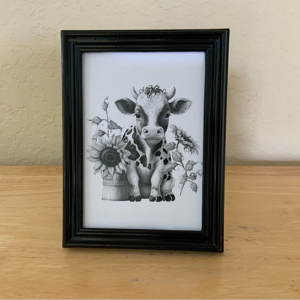 Farmhouse Cow and sunflowers picture 5x7 w/frame